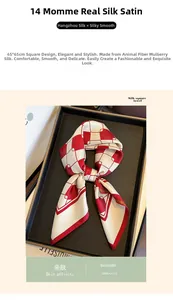 Detail of red and white plaid 65x65cm silk scarf in 14 momme mulberry silk fabric