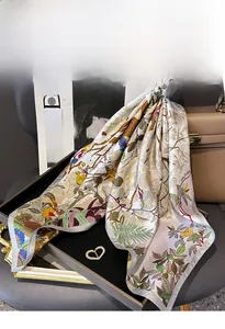 Detailed close-up of floral print on premium silk twill scarf with delicate leaf patterns
