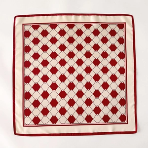 Elegant red and cream checkered silk square scarf with geometric plaid and contrast border
