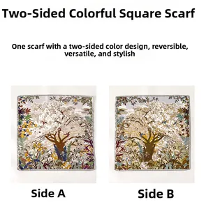 Detailed comparison showing double-sided floral print silk scarf in pink and purple tones
