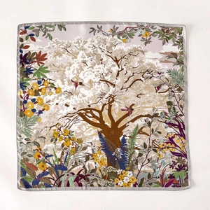 Floral tree of life printed silk square scarf with birds and detailed grey rolled edges
