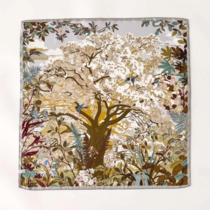 Elegant square silk scarf with floral forest print and colorful birds on white background
