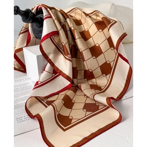 Elegant plaid silk scarf in brown and beige with vibrant red edges for women
