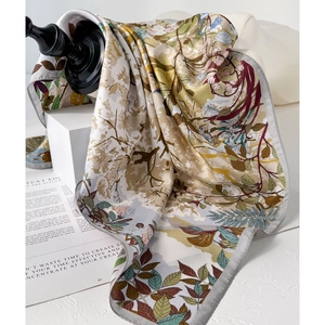Premium floral silk twill square scarf featuring vintage botanical prints and hand-rolled edges