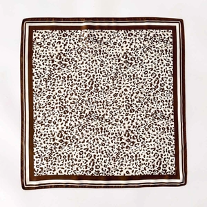 Classic leopard print silk square scarf with dark brown striped border for women