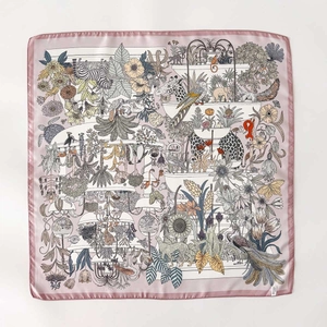 Square twill silk scarf featuring artistic animal and floral prints for women