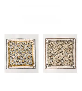 Detail of double-sided silk square scarf featuring vintage floral print and color-block design