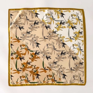 Vintage silk twill scarf with mustard yellow floral print and geometric patchwork design