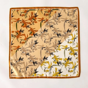 Vintage silk square scarf with floral lily print and elegant geometric color blocks