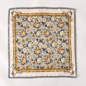 Classic retro equestrian silk twill square scarf with floral print and gold chain design
