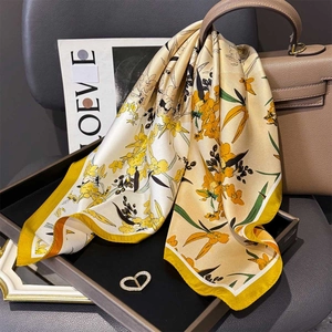 Elegant Square Scarf Pure Mulberry Satin Twill Vintage Floral Printed Retro Double Sided Neckerchief For Women