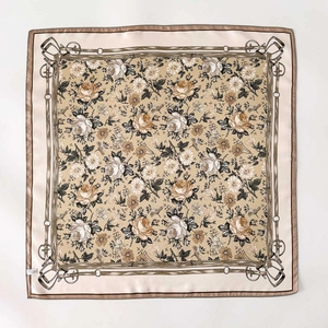 Elegant silk twill square scarf featuring vintage floral and equestrian chain patterns