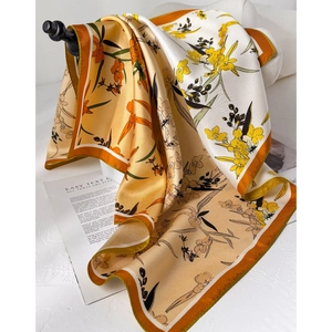 Vintage floral silk twill square scarf with retro hand-painted patterns and orange border