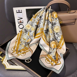 Mulberry Satin Square Scarf Floral Equestrian Print Elegant Retro Satin Hair Scarf Neck Wrap For Women