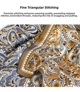 Detailed view of paisley silk scarf featuring premium triangular stitch edge sewing
