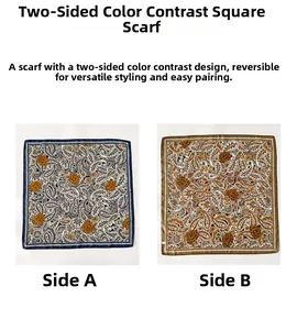 Detailed comparison of double-sided paisley and rose print silk scarf in navy and tan