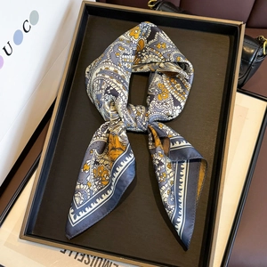 Silk feel paisley print scarf in navy blue and yellow, stylish knotted neckerchief
