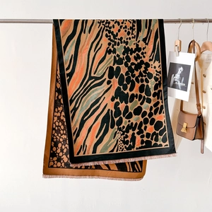 Thick leopard and zebra print cashmere-feel shawl scarf with tassel fringe for winter