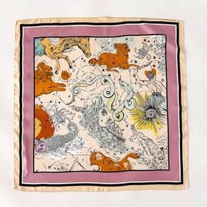 Carré en soie avec motif illustré d'astronomie et constellations peint à la main