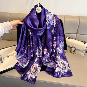 Grand Écharpe Imprimé Fleuri Satin Satin Synthétique Châle Été Protection Solaire Enveloppement Plage Élégant Femme