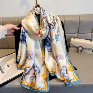 Elegante Bufanda de Satén para Mujer Patrón Floral Ciervo Chal Protección Solar Envoltura Grande de Poliéster