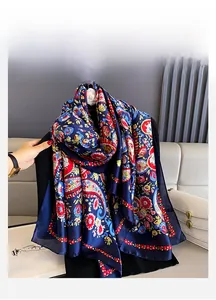 Detail of navy blue satin shawl with vibrant paisley patterns and smooth silky texture