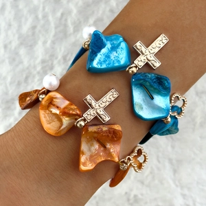 Bohemian ocean style elastic bracelets with shell stones, starfish and cross pendants