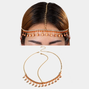 Bijou de tête œil maléfique avec strass et perles orange sur chaîne dorée