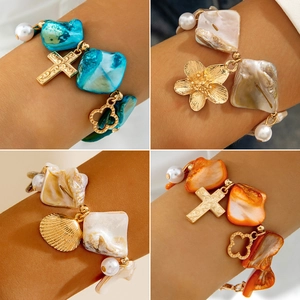 Bohemian Ocean Style Bracelet Alloy Irregular Shell Flakes Faux Artificial Pearl Cross Starfish Clover Pendants Summer Beach Jewelry