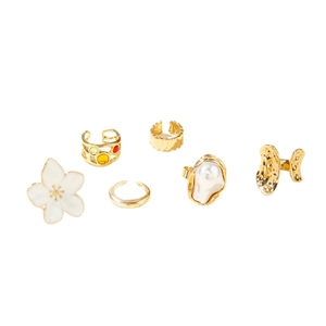 6-teiliges Goldring-Set mit Vintage Barockperlen und floralen Edelsteinen für Damen