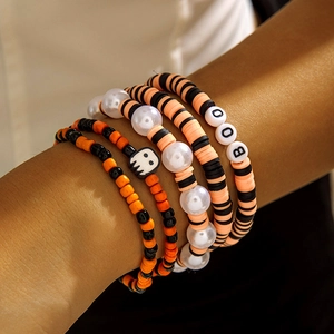 Halloween Beaded Bracelet Polymer Clay Resin Faux Artificial Pearl Acrylic Beads BOO Letter Ghost Charm Elastic Festive Party Jewelry