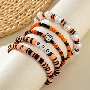 Five-piece Halloween beaded bracelet set with ghost charm and BOO letter beads