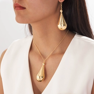 High Polished Metallic Teardrop Necklace And Earrings Jewelry Geometric Retro Exaggerated Style For Women