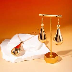 Vintage gold water drop necklace and earrings set with high-polish mirror finish
