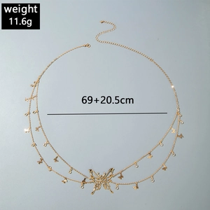 Detailed view of layered gold butterfly waist chain with size specs 69+20.5cm