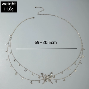 Detail view of layered butterfly body chain showing weight 11.6g and length 69+20.5cm