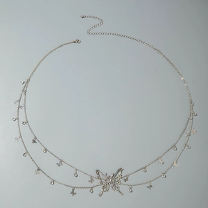Silver double-layer body chain with hollow butterfly pendants and crystal accents