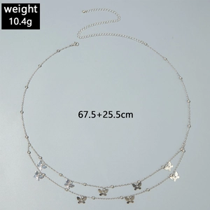 Flat lay detail of silver double-layer butterfly waist chain with size and weight info
