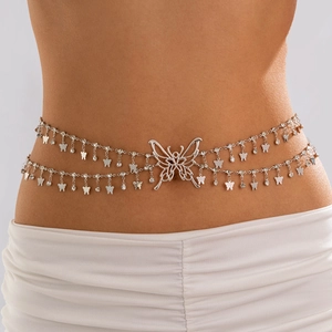 Silver butterfly tassel waist chain featuring multi-layer metal links and rhinestones