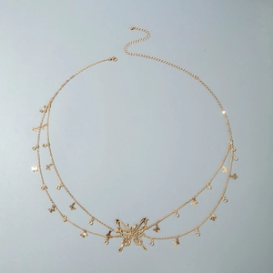 Chic gold double-layered butterfly waist chain with sparkling crystal charms
