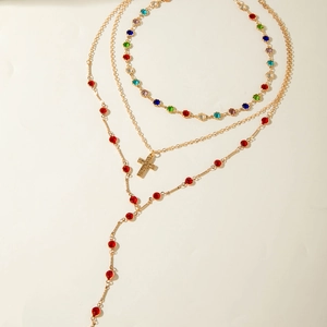 Three-layer layered Y-necklace with colorful rhinestones and gold cross pendant