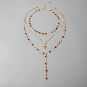 Three-layer gold necklace set with colorful crystal choker and cross pendant