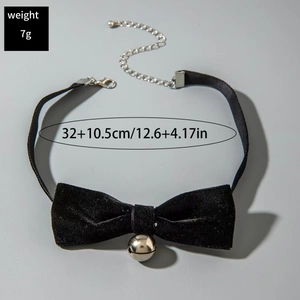 Detail view of black bow choker necklace with size specs showing 32cm plus 10.5cm chain
