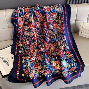 Navy blue paisley floral print silk scarf and large shawl for women summer sun protection