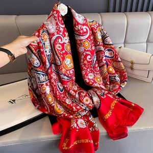 Red paisley floral silk shawl for women, lightweight sun protection summer wrap scarf
