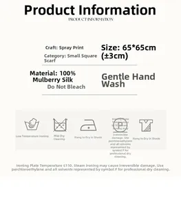 Polka dot silk scarf size guide and 100% mulberry silk care instructions chart