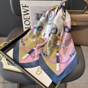 Mulberry Satin Square Scarf Women Equestrian Print Horsebit Patchwork Elegant Commuter Head Handbag Neck Wrap