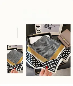 Polka dot and houndstooth silk square scarf with ochre yellow border detail