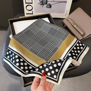 Silk feel square scarf with polka dots and houndstooth pattern in elegant vintage style