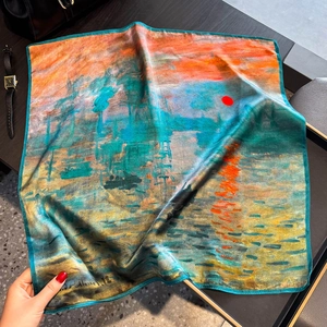 Sciarpa di seta Claude Monet Impressione Levar del Sole con bordi blu pavone arrotolati